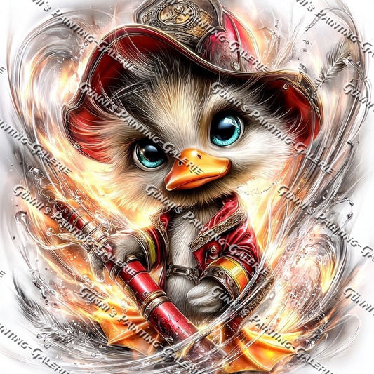 Die Feuerwehr-Ente, die keine Angst kennt by illumaris KI_Art 60x60 120 Farben
