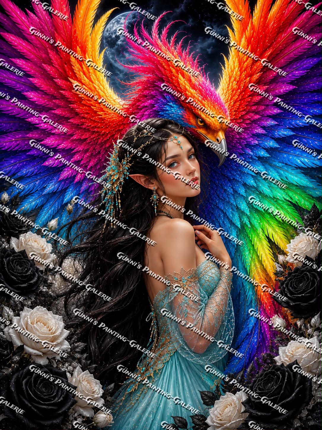 Die Hüterin des Regenbogenphönix by illumaris KI_Art 75x100 285 Farben